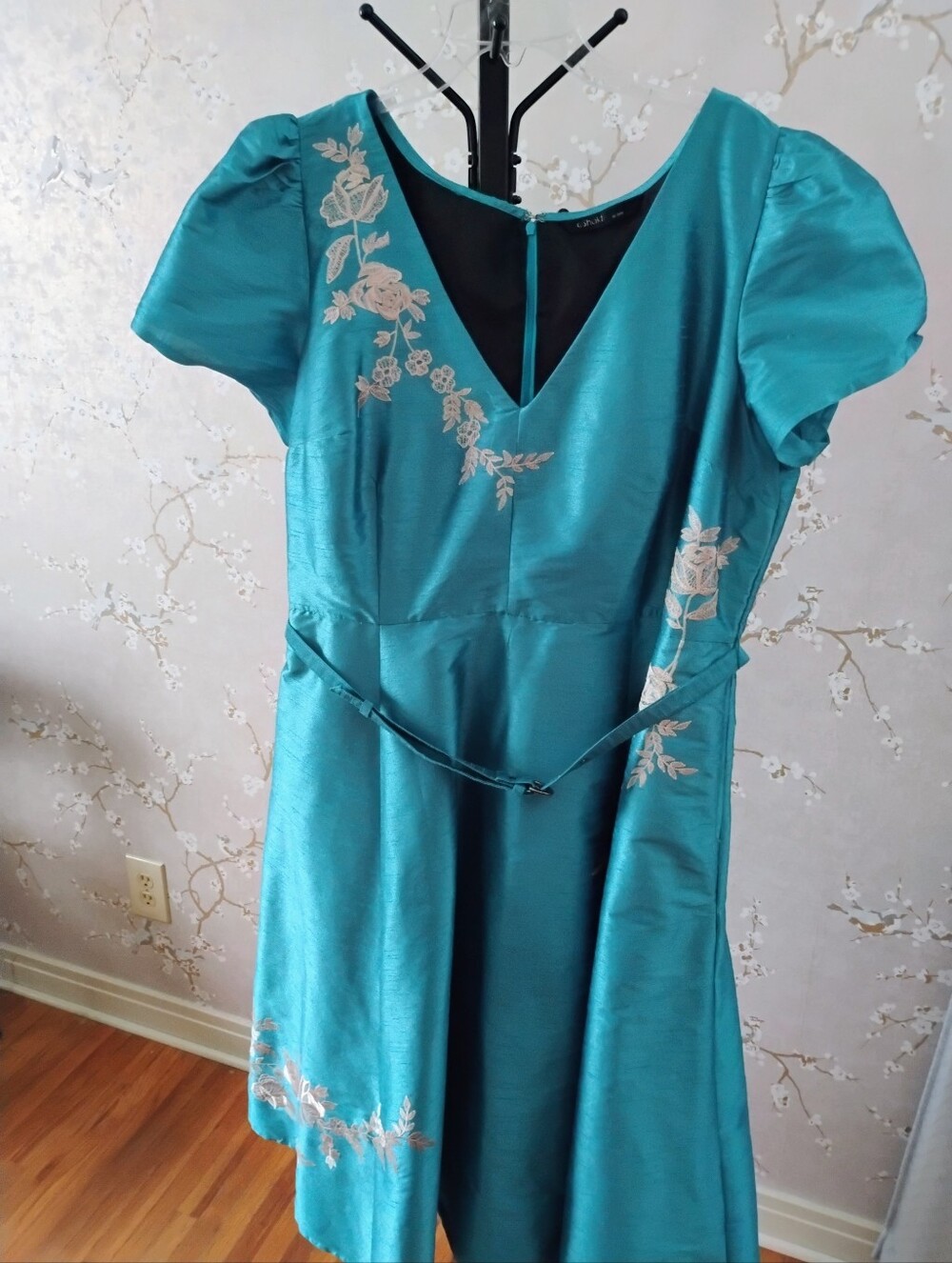 Vintage Style Teal Embroidered V-Neck Fit & Flare Dress